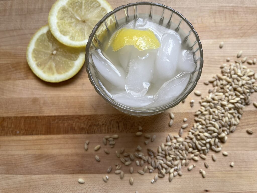 aerial view of a glass of iced barley water garnished with lemon peel. two slices of lemon rest above the glass and a spread of barley seeds is below it.